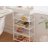 Apavu plaukts – saliekams organizators ar auduma plauktiem, balts, 5 plaukti, 81cm × 39,5cm × 21,5cm