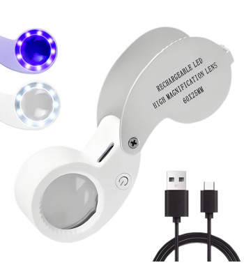Juvelierlupa ar LED un UV apgaismojumu, salokāma un uzlādējama ar USB, lasīšanai, 60X
