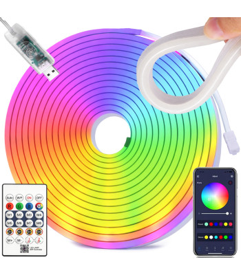 RGB LED neona lente ar Bluetooth, lietotni un tālvadības pulti, ūdensizturīga, elastīga, 5 m