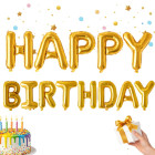 Folijas balonu komplekts ar zelta uzrakstu “Happy Birthday” — dzimšanas dienas dekorācija