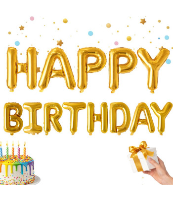 Folijas balonu komplekts ar zelta uzrakstu “Happy Birthday” — dzimšanas dienas dekorācija
