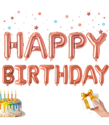 Folijas baloni ar uzrakstu Happy Birthday, rozā, 13 gab., 36 cm