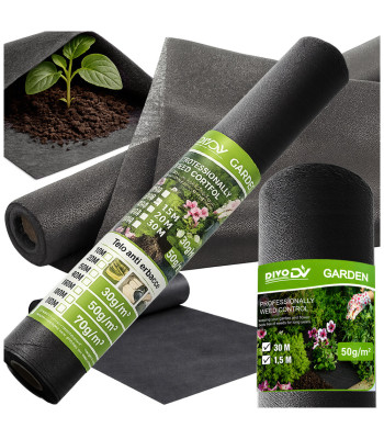 Melns mulčēšanas agrotekstils pret nezālēm DIVODV, 50g, 1,5m x 30m