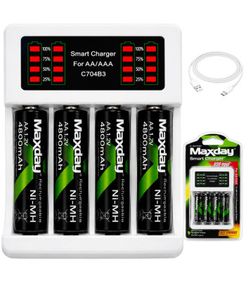 Maxday lādētājs AA/AAA akumulatoriem ar USB-C kabeli un 4 AA akumulatoriem, 9,2 × 6,4 × 2,7 cm