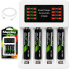 Maxday akumulatoru lādētājs ar LED indikatoru un USB-C kabeli, komplektā 4 AAA akumulatori