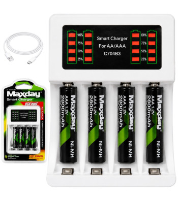 Maxday akumulatoru lādētājs ar LED indikatoru un USB-C kabeli, komplektā 4 AAA akumulatori