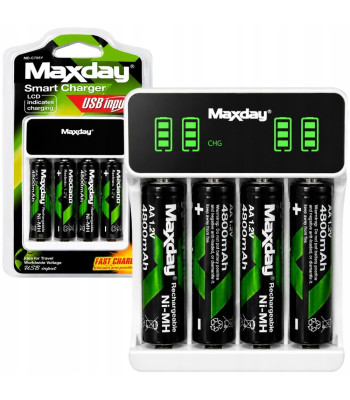 Maxday akumulatoru lādētājs ar LCD displeju, USB-C kabeli un 4 AA akumulatoriem, AA/AAA