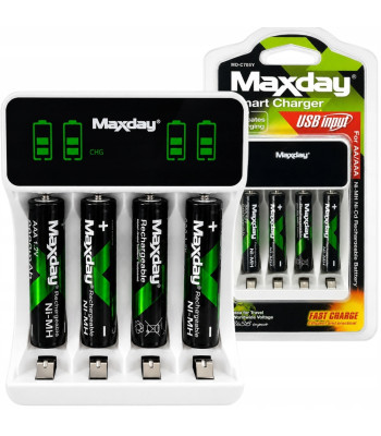 Maxday akumulatoru lādētājs ar LCD displeju un USB-C kabeli, komplektā 4 AAA akumulatori, AA/AAA
