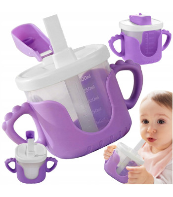 Bērnu krūze ar pretizlīšanas sistēmu, silikona rokturiem un salmiņu, violeta, 300 ml
