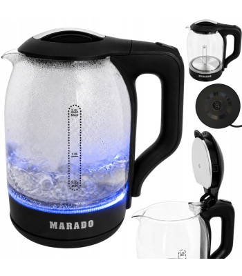 Stikla elektriskā tējkanna ar LED apgaismojumu, klusa un bezvadu, 1500 W, 2 l