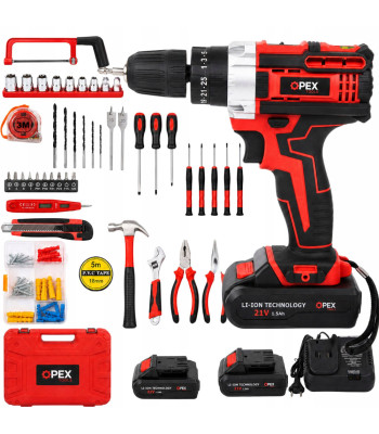 Akumulatora triecienurbjmašīna-skrūvgriezis ar instrumentu komplektu un koferi, OPEX TOOLS OPX28034, 21 V