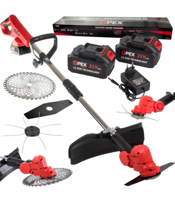 Akumulatora zāles trimmeris OPEX TOOLS ar 2 akumulatoriem un 3 griezējelementiem, 1200 W, 21 V, 105–140 cm, OPX28025