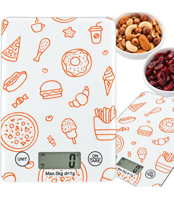 Elektroniskie virtuves svari ar stikla virsmu, skārienvadību, TARA funkciju un LCD displeju, 5 kg, 1 g, 15 × 21,5 cm