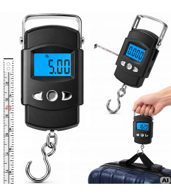Digitālie piekaramie bagāžas un makšķerēšanas svari ar mērlenti, LCD, TARE un LOCK funkcijām, 50 kg, 5/10 g, 100 cm
