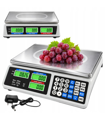 Elektroniskie veikala svari ar cenas aprēķinu, LCD displeju un akumulatoru, 40 kg/2 g