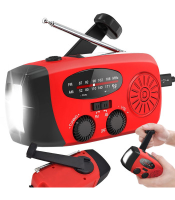 Avārijas radio ar lukturīti, dinamo, saules paneli, akumulatoru un USB uzlādi