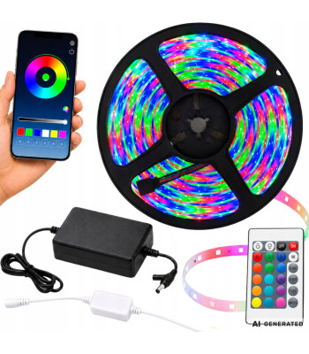 RGB LED lente ar tālvadības pulti, lietotni, Music Sync un barošanas bloku, 10 m, 12 V, 2835RGB