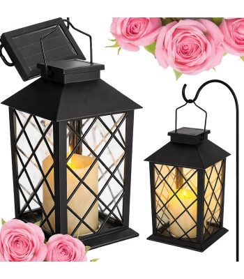 Dekoratīva LED laterna ar elektrisko sveci un saules paneli, melna, 28cm x 14cm x 14cm
