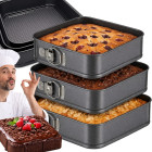 Kvadrātveida cepamformu komplekts kūkām un tortēm ar sprādzes aizdari, 3 gab., 24cm, 26cm un 28cm