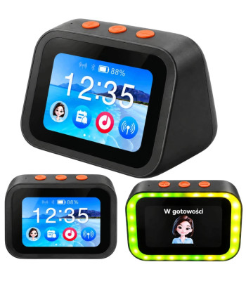 Viedais AI pulkstenis ar skārienekrānu, Bluetooth, skaļruni un LED apgaismojumu, 11,5 × 8 × 7 cm