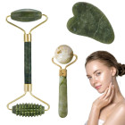 Jadeīta sejas masāžas komplekts ar rullīti un Gua Sha akmeni, 3 vienā