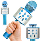 Bezvadu karaoke mikrofons ar Bluetooth skaļruni un balss modulatoru, zils, apaļš