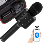 Apaļš bezvadu karaoke mikrofons ar Bluetooth skaļruni, dažādiem balss režīmiem un futrāli, melns, 22 cm