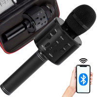 Apaļš bezvadu karaoke mikrofons ar Bluetooth skaļruni, dažādiem balss režīmiem un futrāli, melns, 22 cm