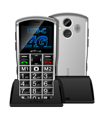 Spiedpogu tālrunis ar lielām pogām, SOS funkciju un uzlādes statīvu, 4G, artfone A400