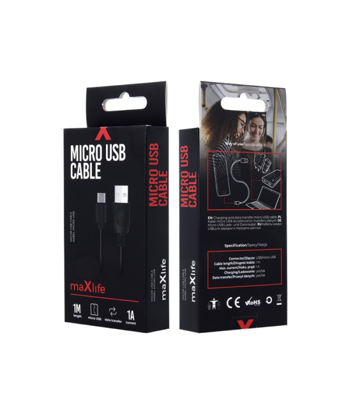 Maxlife kabelis USB - microUSB 1,0 m 1A melns