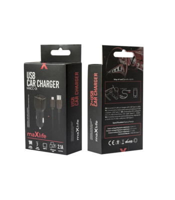 Maxlife MXCC-01 automašīnas lādētājs 1x USB 2.1A melns + USB-C kabelis