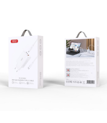 XO sienas lādētājs CE13 PD QC 3.0 65W 1x USB 2x USB-C balts + USB-C - USB-C kabelis