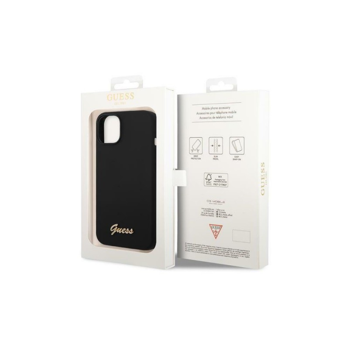 Guess maciņš iPhone 14 Pro 6.1 GUHCP14LSLSMK melnajam cietajam korpusam Silikona Vintage Gold Logo