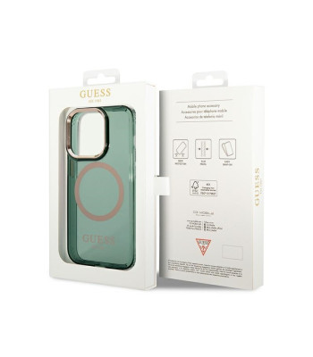 Guess maciņš iPhone 14 Pro 6.1 GUHMP14LHTCMA haki krāsas cietajam korpusam Gold Outline Translucent MagSafe