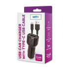 Setty auto lādētājs 1x USB 2.4A melns + USB-C kabelis 1.0 m