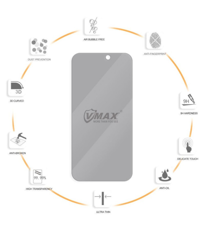 Vmax grūdintas stiklas 0,33 mm 2,5D labai skaidrus privatumo stiklas, skirtas Samsung Galaxy A24 4G / A25 5G