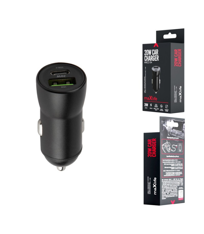 "Maxlife MXCC-04 PD QC automobilinis įkroviklis 1x USB-C 1x USB 20W juodas