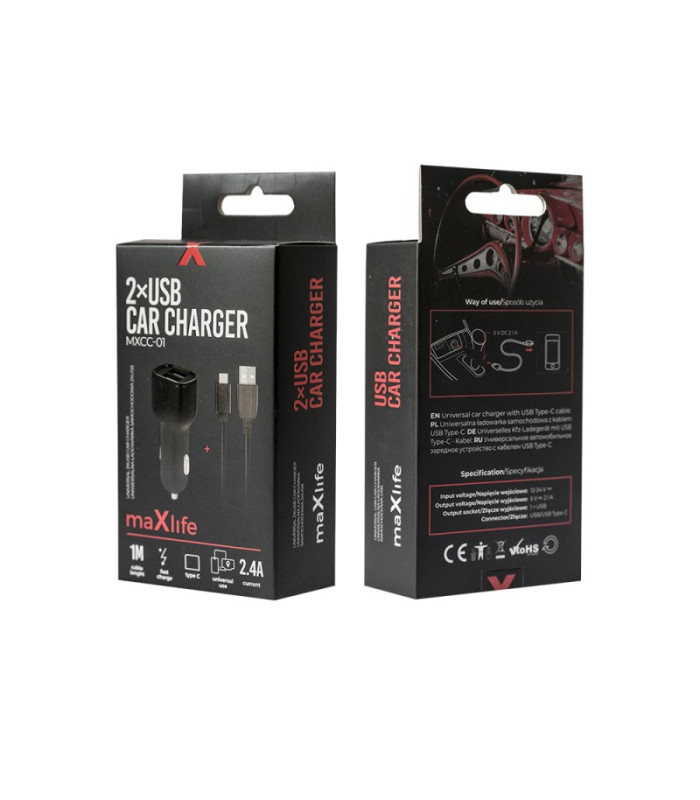 "Maxlife MXCC-01" automobilinis įkroviklis 2x USB 2,4A juodas + USB-C laidas