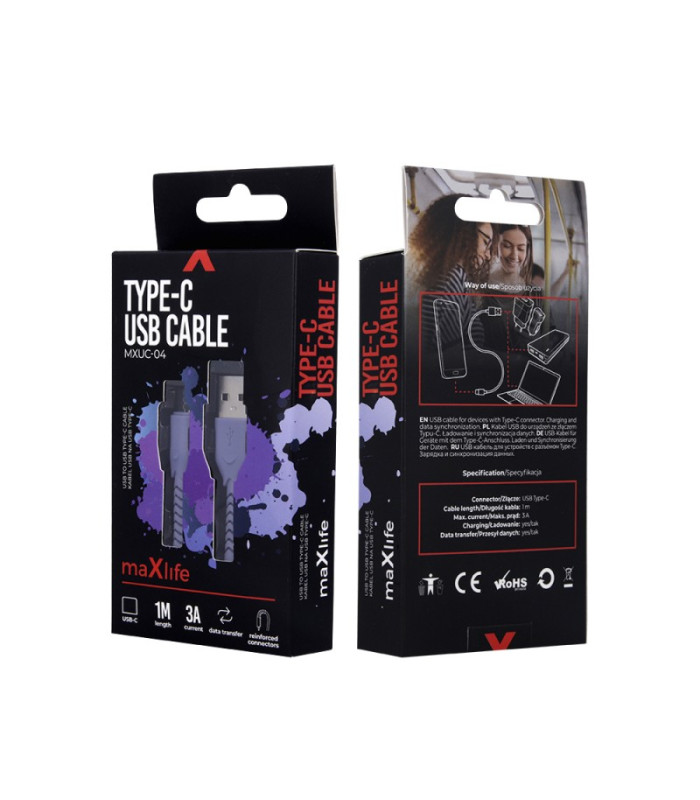 "Maxlife MXUC-04" USB - USB-C kabelis 1,0 m 3A violetinės spalvos