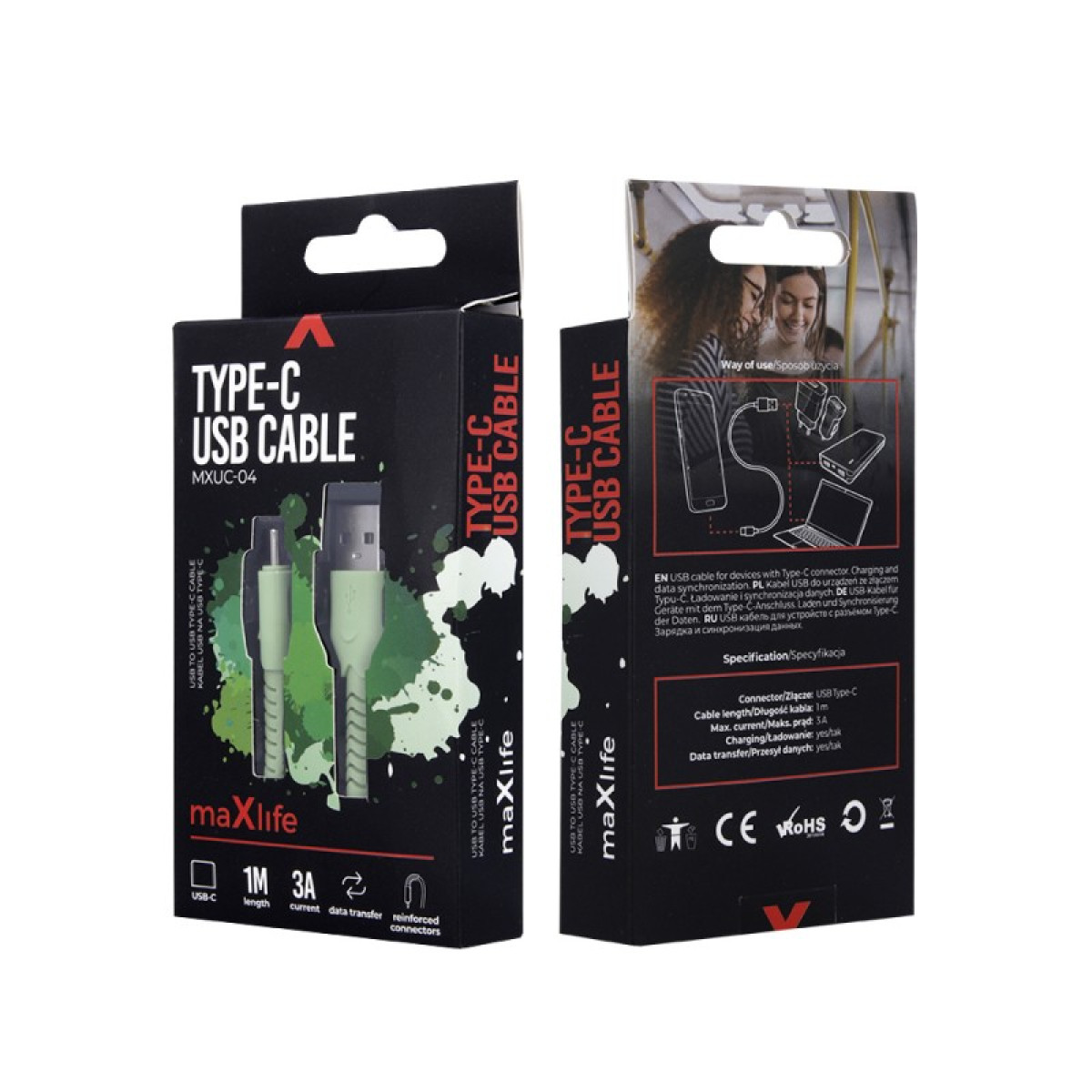 Maxlife MXUC-04 kabelis USB - USB-C 1,0 m 3A žalias
