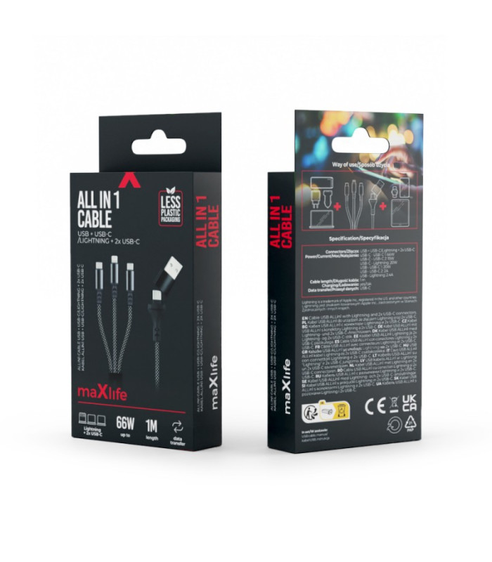 "Maxlife ALLin1" kabelis USB + USB-C - Lightning + 2x USB-C 1,0 m 66W juodas