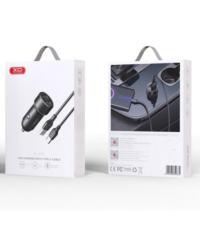 XO automobilinis įkroviklis CC53 12W 2x USB juodas + USB - USB-C kabelis