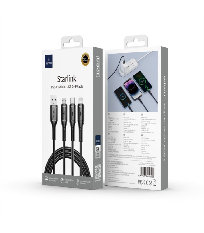 WIWU Starlink serijos 3.1A 3in1 kabelis Wi-C045E A-C+L+M Juodas