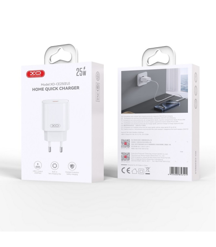 XO sieninis įkroviklis CE25 PD 25W 1x USB-C baltos spalvos
