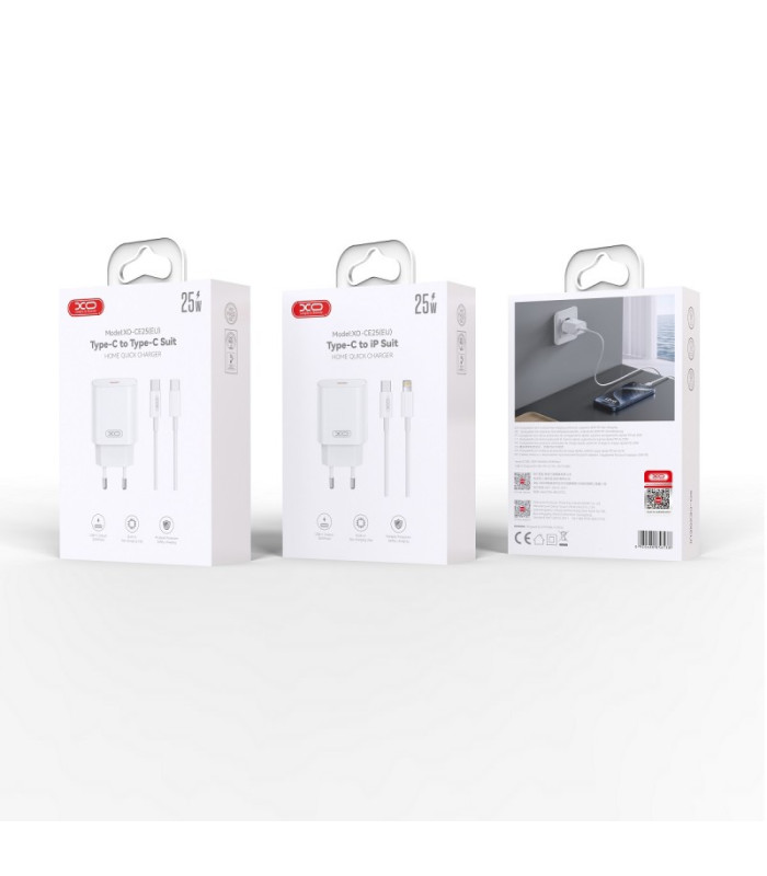 XO sieninis įkroviklis CE25 PD 25W 1x USB-C baltos spalvos + USB-C - Lightning kabelis