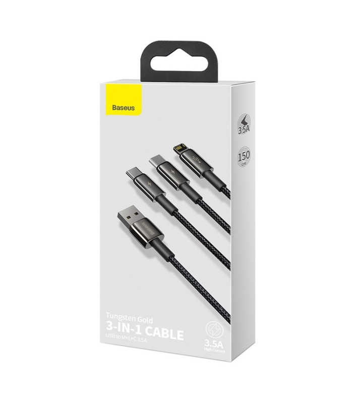 "Baseus" kabelis 3in1 Tungsten USB - micro USB + Lightning + USB-C 1,5 m 3,5 A juodas