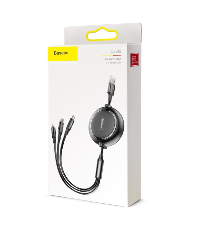 "Baseus" kabelis 3in1 "Golden Loop" ištraukiamas USB - micro USB + "Lightning" + USB-C 1,2 m 3,5 A juodas