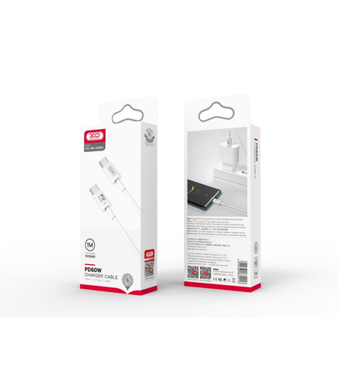 XO kabelis NB-Q190A PD USB-C - USB-C 1,0 m 60 W baltas