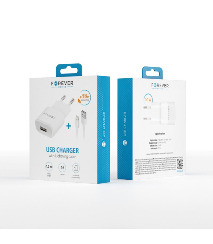Forever TC-01 pakrovėjas 1x USB 2A baltas + Lightning laidas