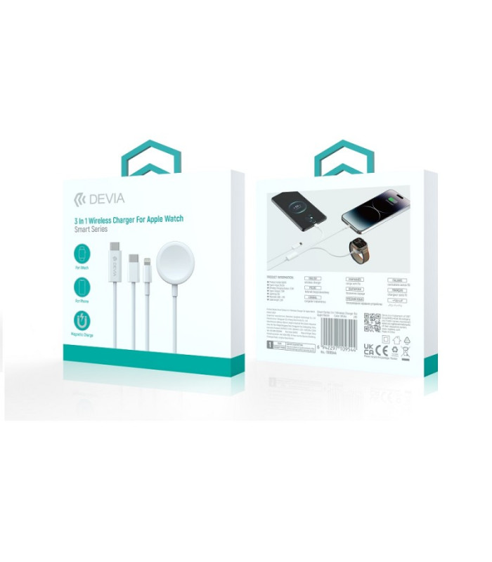 "Devia" kabelis 3in1 Smart EA520 USB-C - USB-C + Lightning baltos spalvos su indukciniu magnetiniu įkrovikliu, skirtas "Apple Watch